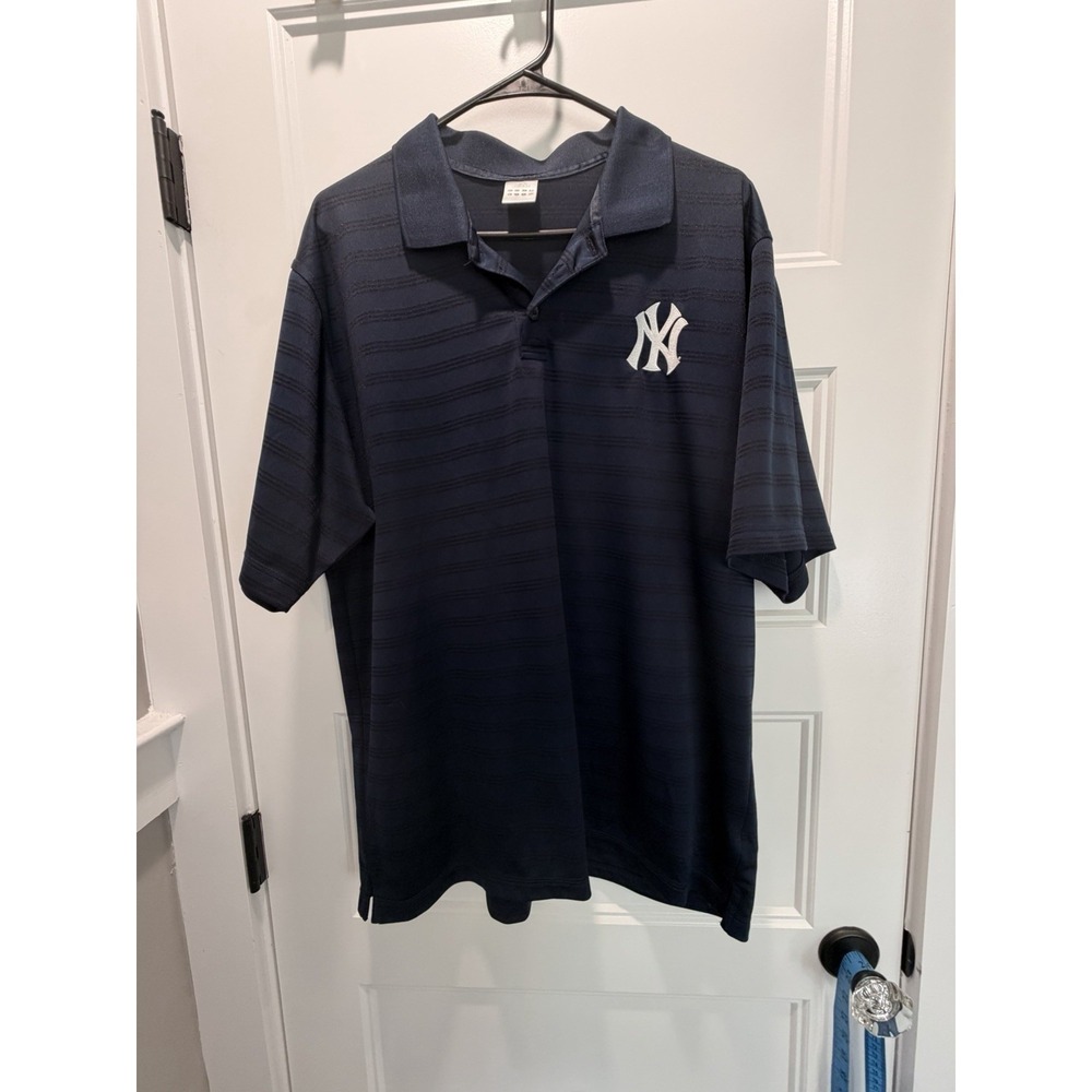 New York Yankees Adidas Golf Polo Shirt NY Logo Blue With Black Stripes Large